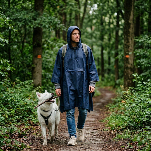 Pluvion heren regenponcho donkerblauw tijdens boswandeling